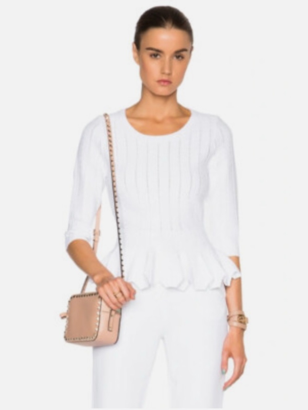 Jonathan Simkhai Pointelle Stretchy Knit Flattering White Peplum Top  $360 XS